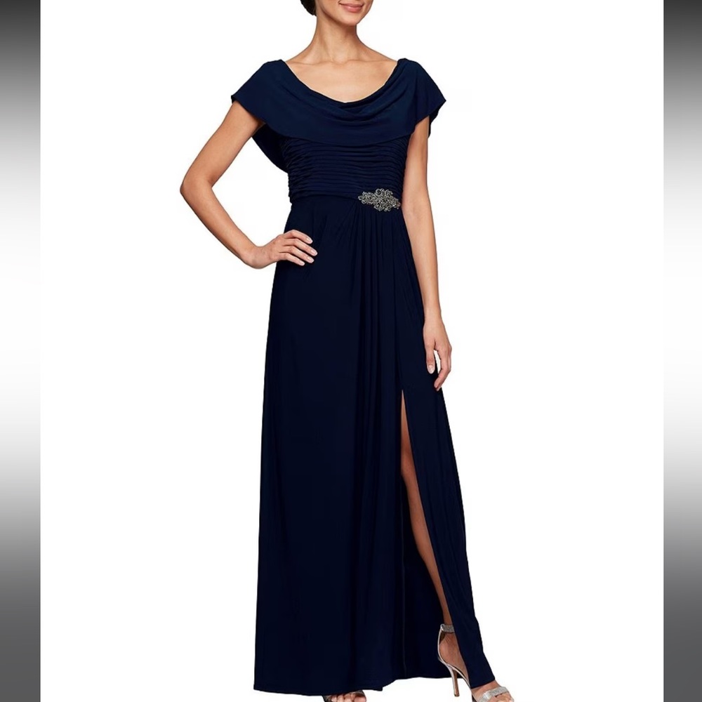 Alex Evenings Cowl Neck Dress / Gown 6 Navy New